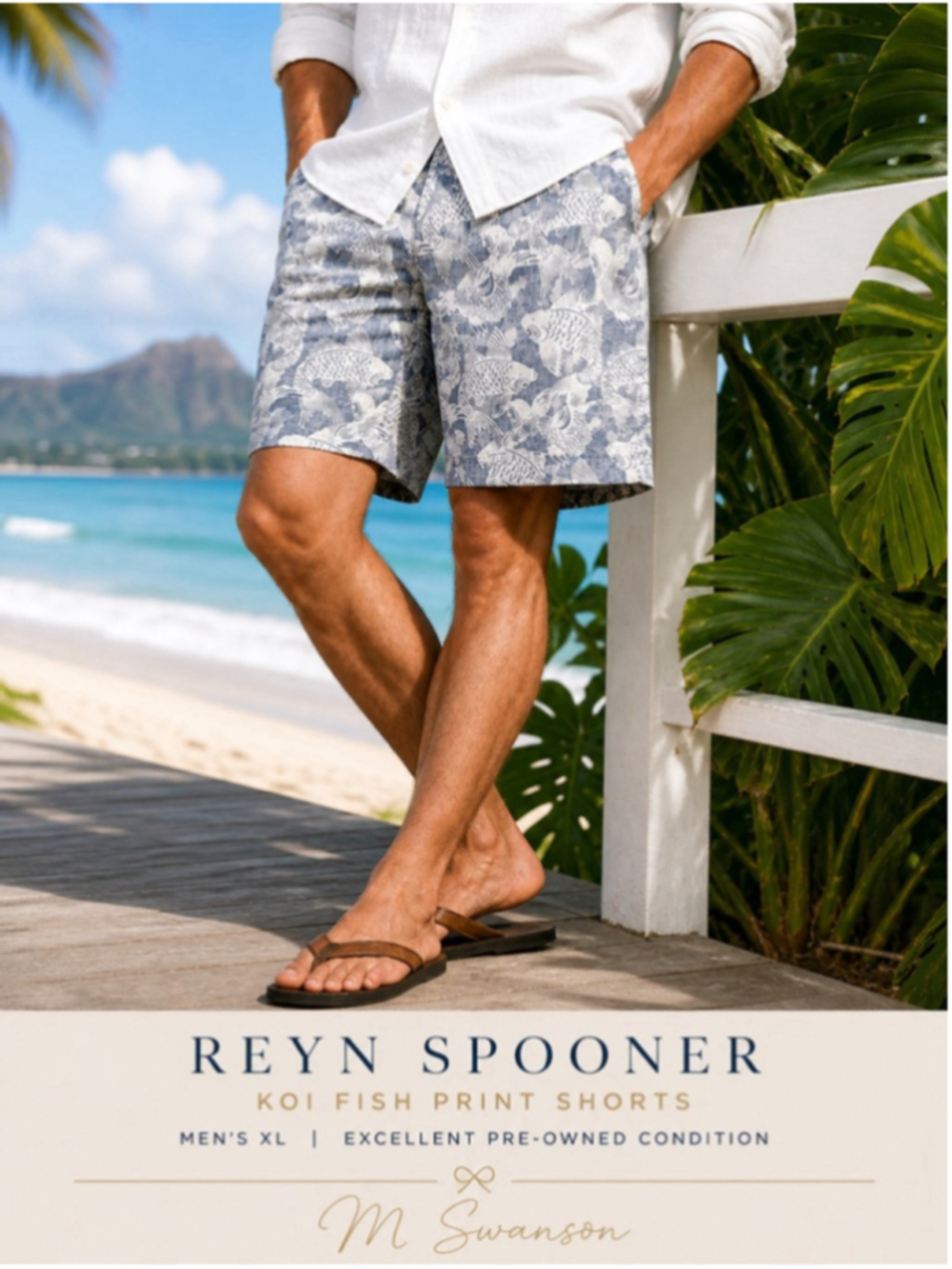 Reyn Spooner Koi Fish Shorts Men's XL Blue White Hawaiian Aloha Casual - Picture 2 of 6